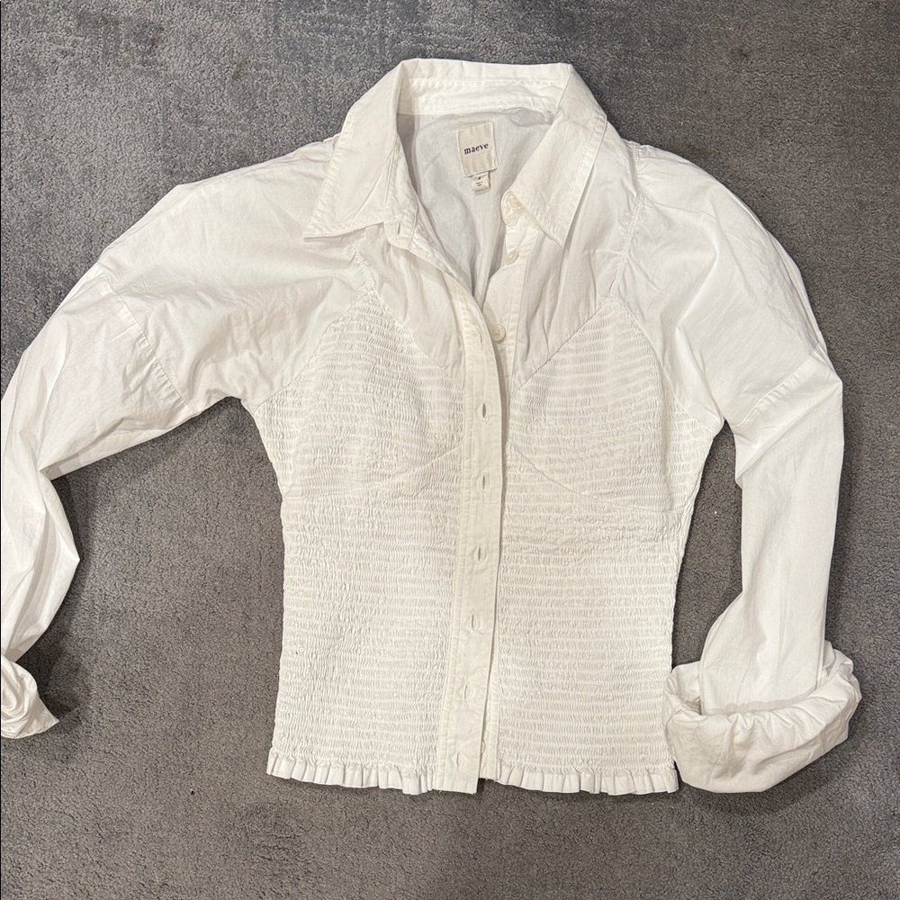 Anthropologie White Button-Down Smocked Corset Shirt